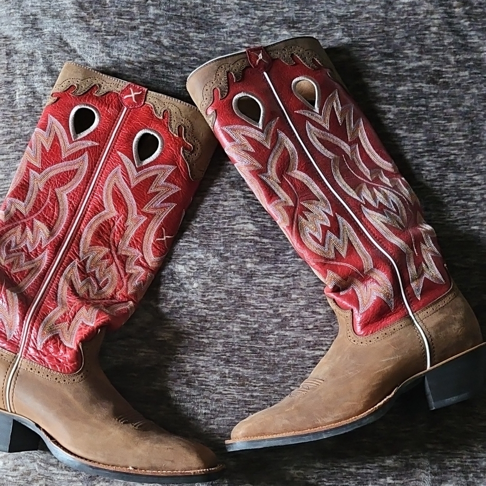 Red and Tan Heeled Boots